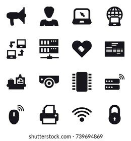 16 vector icon set : loudspeaker, woman, notebook, notebook globe, notebook connect, server, baggage checking, surveillance camera