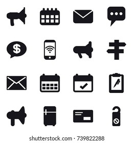 16 vector icon set : loudspeaker, calendar, mail, message, money message, phone wireless, megafon, singlepost, fridge, do not distrub