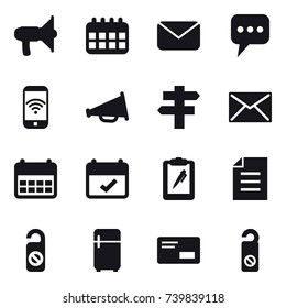 16 vector icon set : loudspeaker, calendar, mail, message, phone wireless, singlepost, do not distrub, fridge
