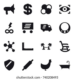 16 vector icon set : loudspeaker, dollar, atom core, eye identity, infinity power, delivery, necklace, ruler, palm hammock, rocking chair, rolling pin, chicken, bath
