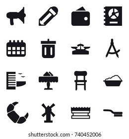 16 vector icon set : loudspeaker, pencil, wallet, annual report, calendar, bin, scales, draw compass, hotel, restaurant, chair, washing, windmill, sponge, brush