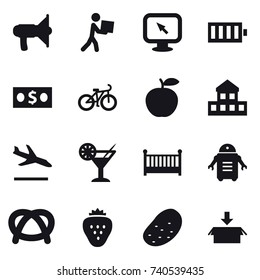 16 vector icon set : loudspeaker, courier, monitor arrow, battery, money, bike, cottage, arrival, cocktail, crib, strawberry, potato, package