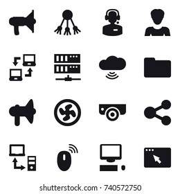 16 vector icon set : loudspeaker, share, call center, woman, notebook connect, server, cloud wireless, cooler fan, surveillance camera