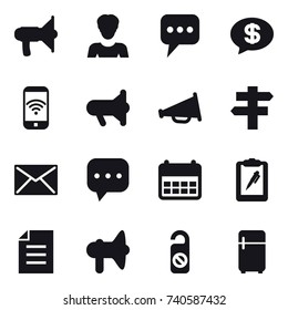 16 vector icon set : loudspeaker, woman, message, money message, phone wireless, megafon, singlepost, mail, do not distrub, fridge