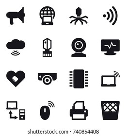 16 vector icon set : loudspeaker, notebook globe, virus, wireless, cloud wireless, crystall  memory, web cam, surveillance camera, trash bin