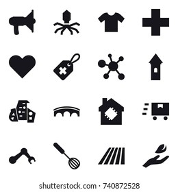 16 vector icon set : loudspeaker, virus, t-shirt, tower, modern architecture, bridge, smart house, whisk, field, hand leaf