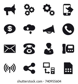 16 vector icon set : loudspeaker, gear, touch, money message, cloude service, phone, mail, intercome, wireless