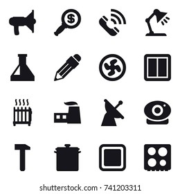 16 vector icon set : loudspeaker, dollar magnifier, call, table lamp, pencil, cooler fan, power switch, radiator, pan, cutting board