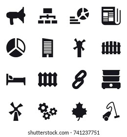 16 vector icon set : loudspeaker, hierarchy, diagram, newspaper, skyscraper, windmill, fence, bed, radiator, gears, maple leaf, vacuum cleaner