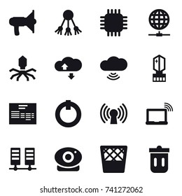 16 vector icon set : loudspeaker, share, chip, globe connect, virus, cloude service, cloud wireless, crystall  memory, trash bin