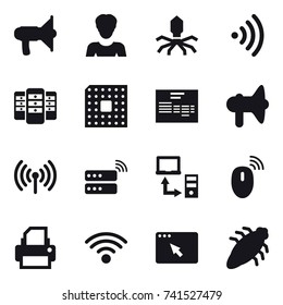 16 vector icon set : loudspeaker, woman, virus, wireless, server, cpu, bug