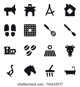 16 vector icon set : loudspeaker, arch, draw compass, smart house, slippers, whisk, spatula, coffee seeds, field, cow, goose, horse, vacuum cleaner, bath