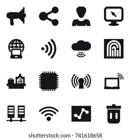 16 vector icon set : loudspeaker, share, woman, monitor arrow, notebook globe, wireless, cloud wireless, fingerprint, baggage checking, trash bin