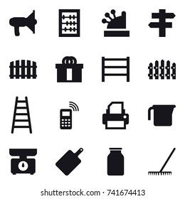 16 vector icon set : loudspeaker, abacus, cashbox, singlepost, fence, stairs, measuring cup, kitchen scales, cutting board, rake