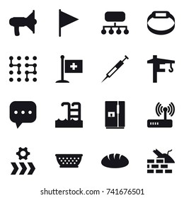 16 vector icon set : loudspeaker, flag, structure, smart bracelet, chip, tower crane, pool, fridge, kolander, bread, construct garbage