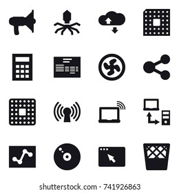 16 vector icon set : loudspeaker, virus, cloude service, cpu, calculator, cooler fan, trash bin