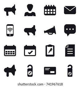 16 vector icon set : loudspeaker, woman, calendar, mail, phone wireless, megafon, do not distrub