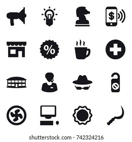 16 vector icon set : loudspeaker, bulb, chess horse, phone pay, shop, percent, hot drink, airport building, do not disturb, cooler fan, sickle