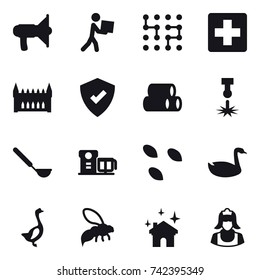 16 vector icon set : loudspeaker, courier, chip, gothic architecture, ladle, seeds, goose, wasp, house cleaning, cleaner