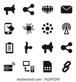 16 vector icon set : loudspeaker, share, team, mail, touch, chip, round around, antenna, clipboard