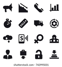 16 vector icon set : loudspeaker, crisis, phone, graph, stopwatch, sale, truck, around gear, cloude service, mobile pay, mansion, baggage get, unlocked
