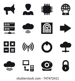 16 vector icon set : loudspeaker, woman, chip, notebook globe, server, cloud wireless, fingerprint, right arrow, calculator, wireless