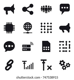 Juego de iconos de 16 vectores : altavoz, compartir, equipo, mensaje, chip, conexión de globo, megafón, globo, globo, engranajes