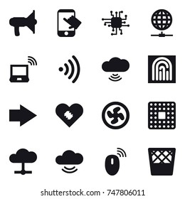 16 vector icon set : loudspeaker, touch, chip, globe connect, notebook wireless, wireless, cloud wireless, fingerprint, right arrow, cooler fan, trash bin