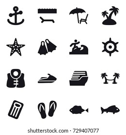 16 vector icon set : lounger, island, starfish, flippers, surfer, handwheel, life vest, jet ski, cruise ship, palm hammock, inflatable mattress, flip-flops, fish