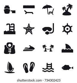 16 vector icon set : lounger, island, pool, starfish, diving mask, handwheel, life vest, jet ski, palm hammock, shark flipper, windsurfing, flip-flops