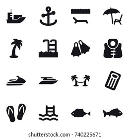 16 vector icon set : lounger, palm, pool, flippers, life vest, jet ski, yacht, palm hammock, inflatable mattress, flip-flops, fish