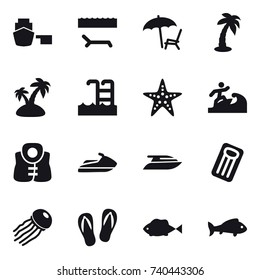 16 vector icon set : lounger, palm, island, pool, starfish, surfer, life vest, jet ski, yacht, inflatable mattress, jellyfish, flip-flops, fish