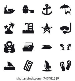 16 vector icon set : lounger, island, pool, starfish, diving mask, life vest, cruise ship, yacht, palm hammock, shark flipper, inflatable mattress, windsurfing, flip-flops