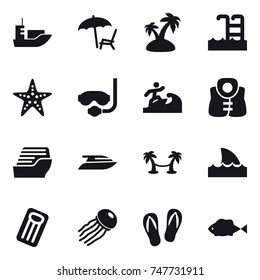 16 vector icon set : lounger, island, pool, starfish, diving mask, surfer, life vest, cruise ship, yacht, palm hammock, shark flipper, inflatable mattress, jellyfish, flip-flops