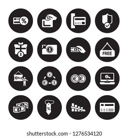 16 vector icon set : Loyalty card, Decrease, Discount, Dollar bill, Ecommerce, Cit Giftbox, Financial presentation, Get money isolated on black background