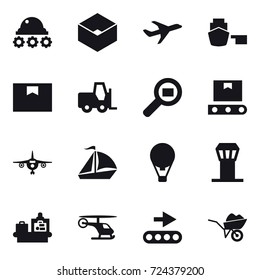 16 vector icon set : lunar rover, box, plane, sail boat, air balloon, airport tower, baggage checking, wheelbarrow