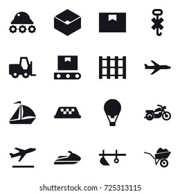 16 vector icon set : lunar rover, box, plane, sail boat, taxi, air ballon, motorcycle, departure, jet ski, plow, wheelbarrow