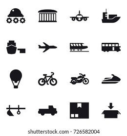 16 vector icon set : lunar rover, airport building, plane, train, bus, air ballon, bike, motorcycle, jet ski, plow, pickup, package