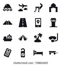 16 vector icon set : lunar rover, journey, greate wall, minaret, pyramid, airport tower, baggage checking, tent, island, diving mask, inflatable mattress, do not distrub, bed, trailer