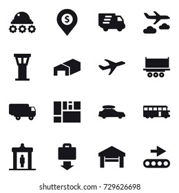 16 vector icon set : lunar rover, dollar pin, delivery, journey, airport tower, warehouse, car baggage, bus, detector, baggage get, garage