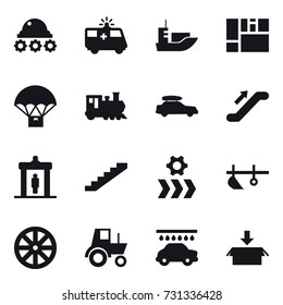 16 vector icon set : lunar rover, train, car baggage, escalator, detector, stairs, plow, wheel, tractor, car wash, package