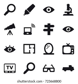 16 vector icon set : magnifier, marker, eye, microscope, telescope, notebook wireless,  plan, mirror, tv, pickup