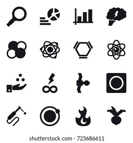 16 vector icon set : magnifier, diagram, graph, brain, atom core, atom, hex molecule, atom, chamical industry, infinity power, ring button, beet