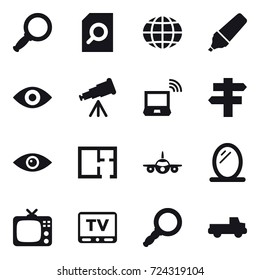 16 vector icon set : magnifier, search document, globe, marker, eye, telescope, notebook wireless, singlepost, plan, mirror, tv, pickup