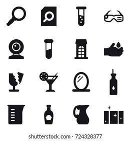 16 vector icon set : magnifier, search document, vial, smart glasses, web cam, building, cocktail, mirror, measuring cup, jug, clean  window