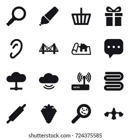 16 vector icon set : magnifier, marker, basket, gift, bridge, project, towel, rolling pin, berry, viruses, hard reach place cleaning