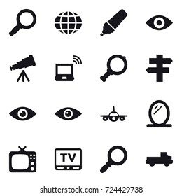 16 vector icon set : magnifier, globe, marker, eye, telescope, notebook wireless, singlepost, mirror, tv, pickup