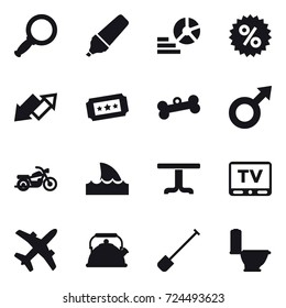 16 vector icon set : magnifier, marker, diagram, percent, up down arrow, ticket, bone, motorcycle, shark flipper, table, tv, kettle, shovel, toilet