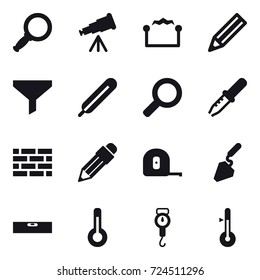 16 vector icon set : magnifier, telescope, electrostatic, pencil, funnel, brick wall, measuring tape, construction, level, thermometer, handle scales