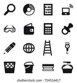 16 vector icon set : magnifier, circle diagram, abacus, notebook wireless, smart glasses, wallet, calculator, nipple, pencil, globe, stairs, handle scales, trash bin, foam bucket, sponge